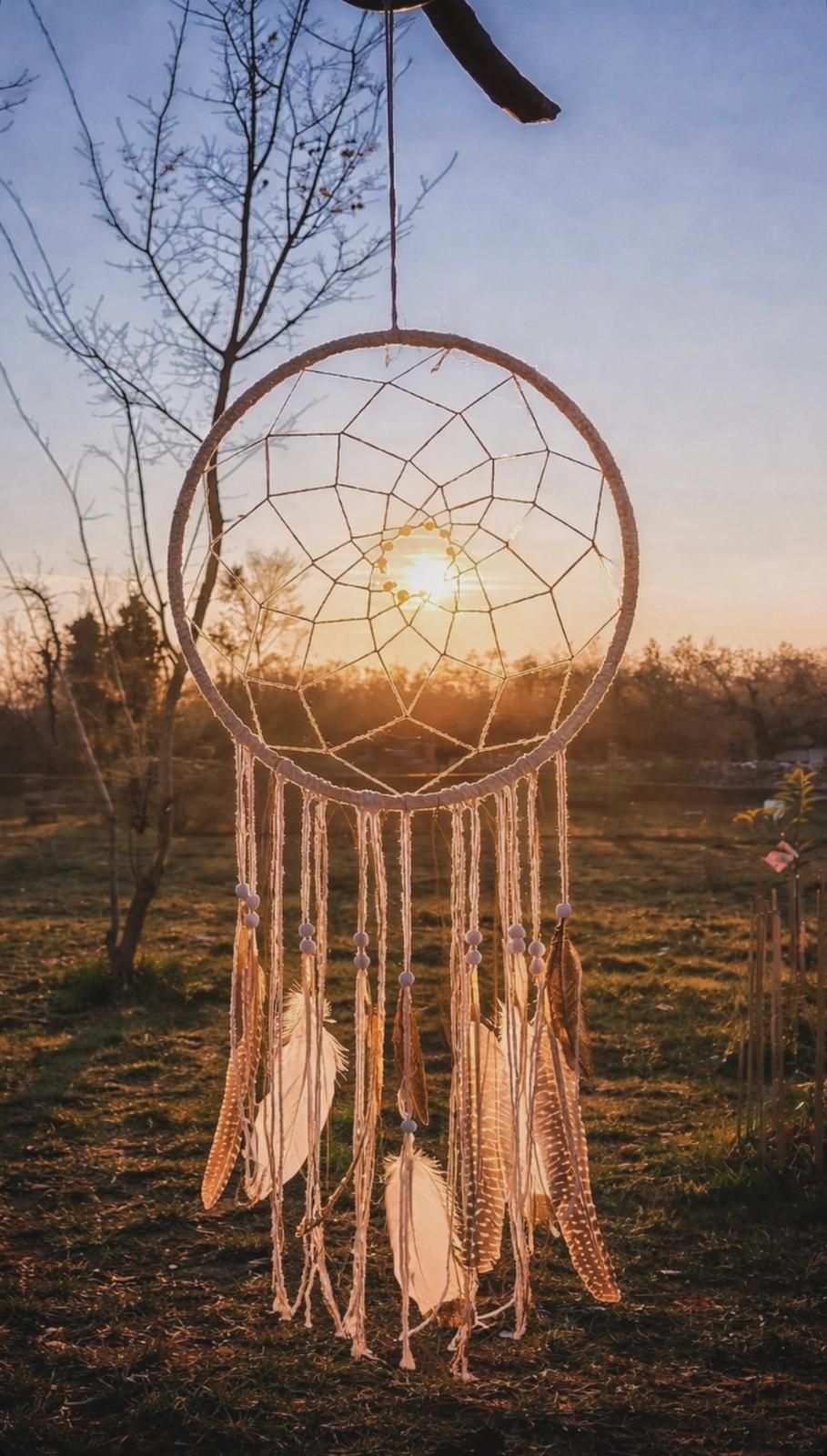 A dreamcatcher hanging against the sunset over the ranch