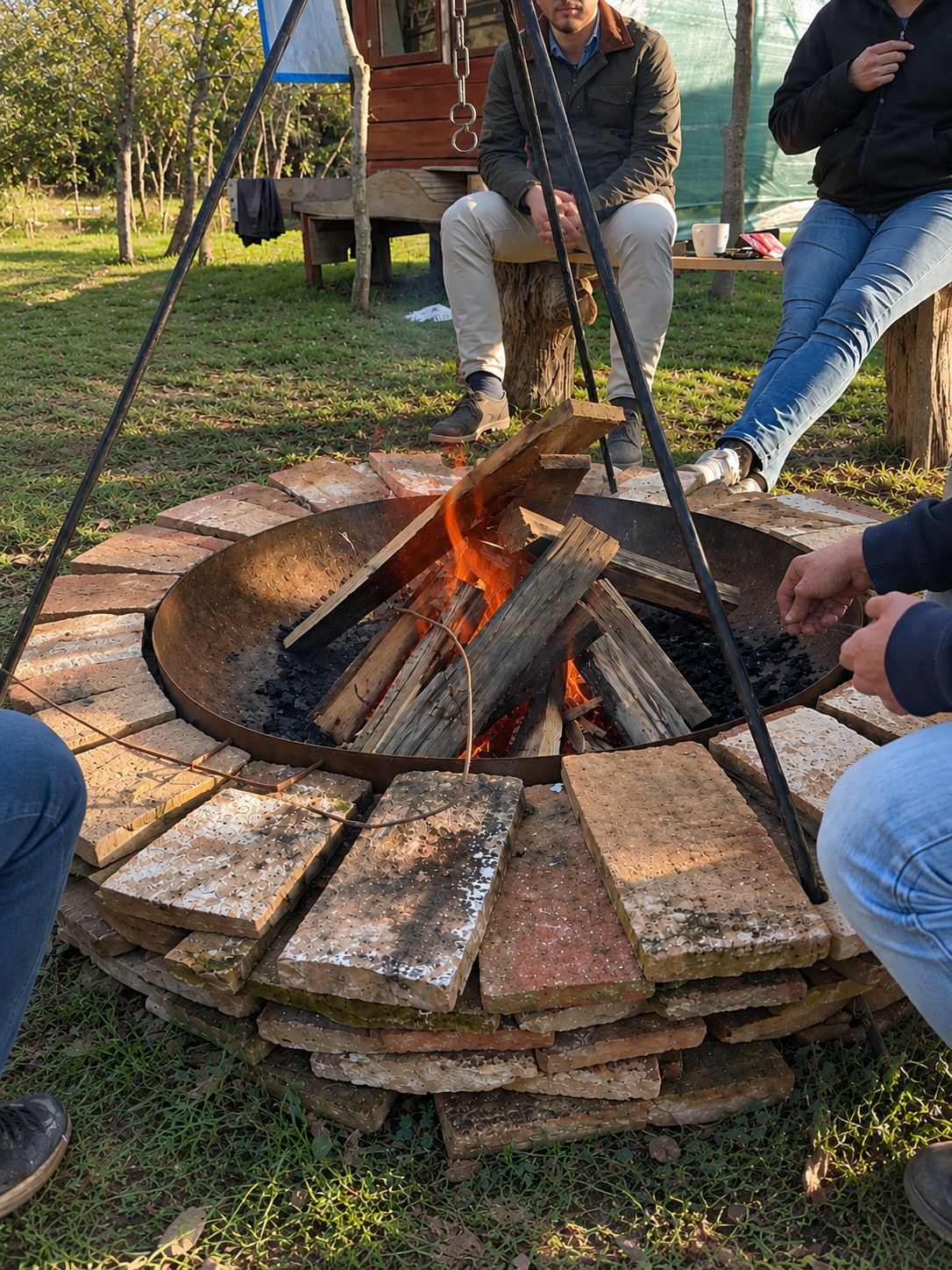 Friends gathered around the fire pit at the ranch
