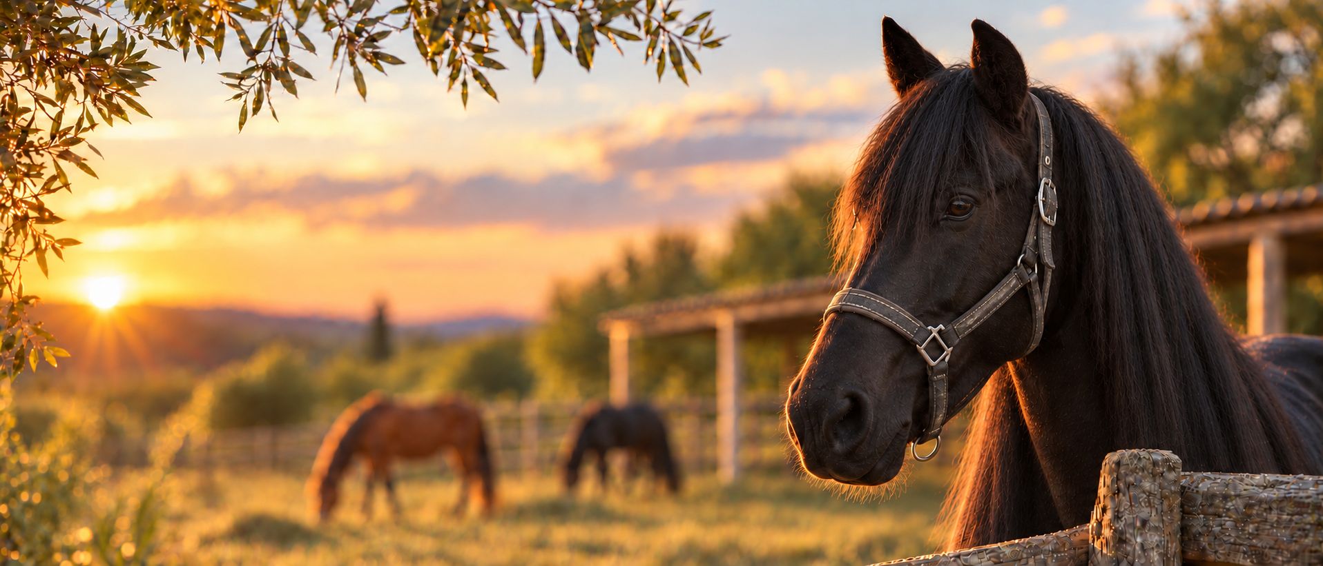 A dark horse at the ranch fence at sunset, with horses grazing beyond and olive branches overhead