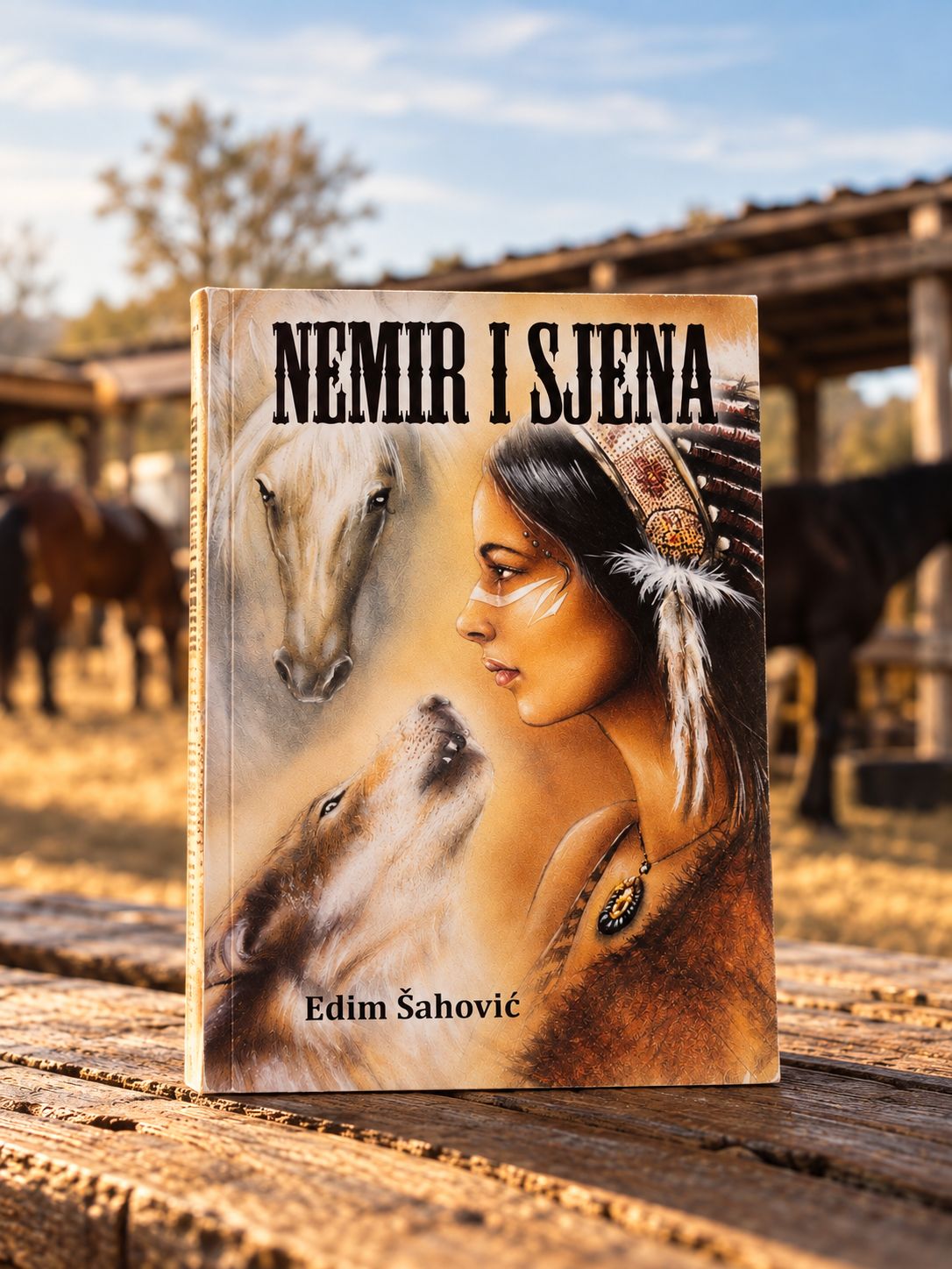 The novel Nemir i Sjena by Edim Šahović, standing on a wooden table at the ranch